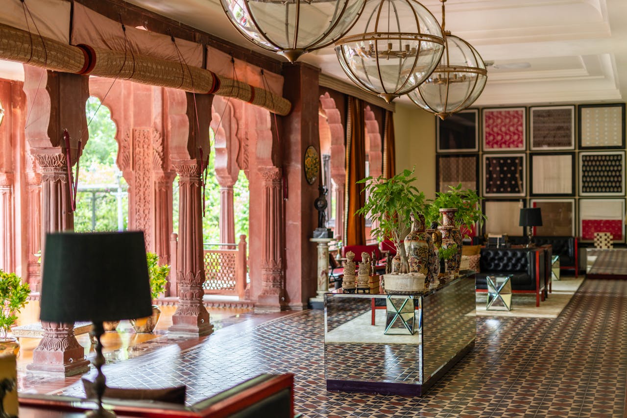 Beautifully designed hotel lobby in Bikaner, Rajasthan, showcasing elegant Indian heritage architecture and decor.